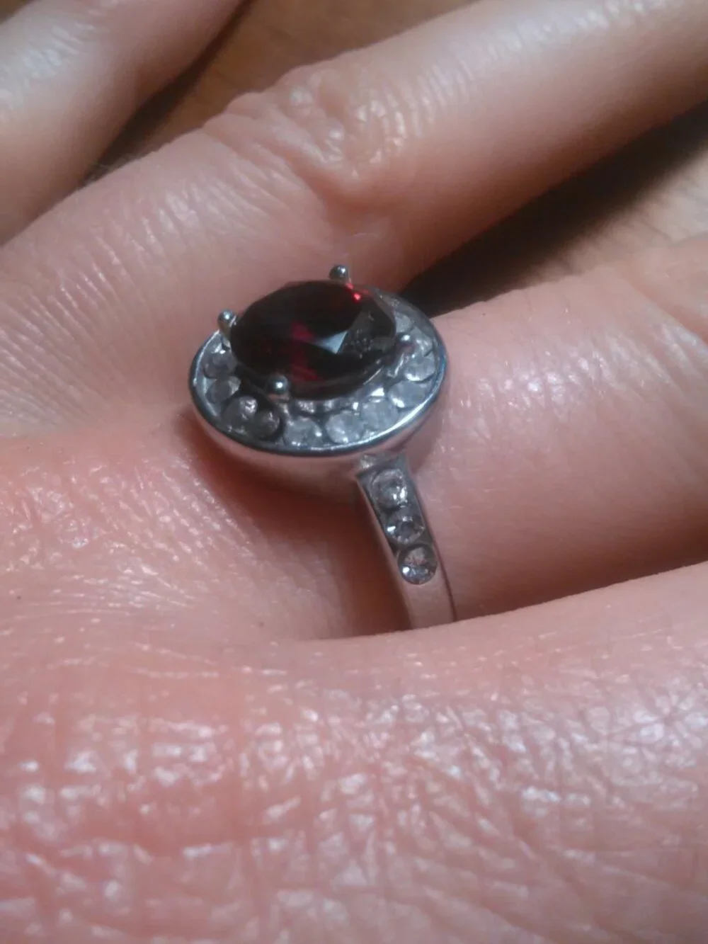 Simulated Ruby and White Crystal Silvertone Ring (Size 9.75)